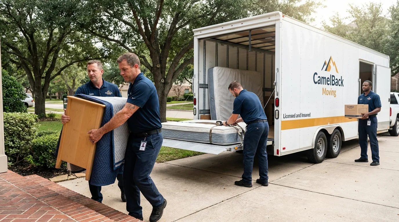 Crew loading residential truck for cross-state move from Alvin, TX