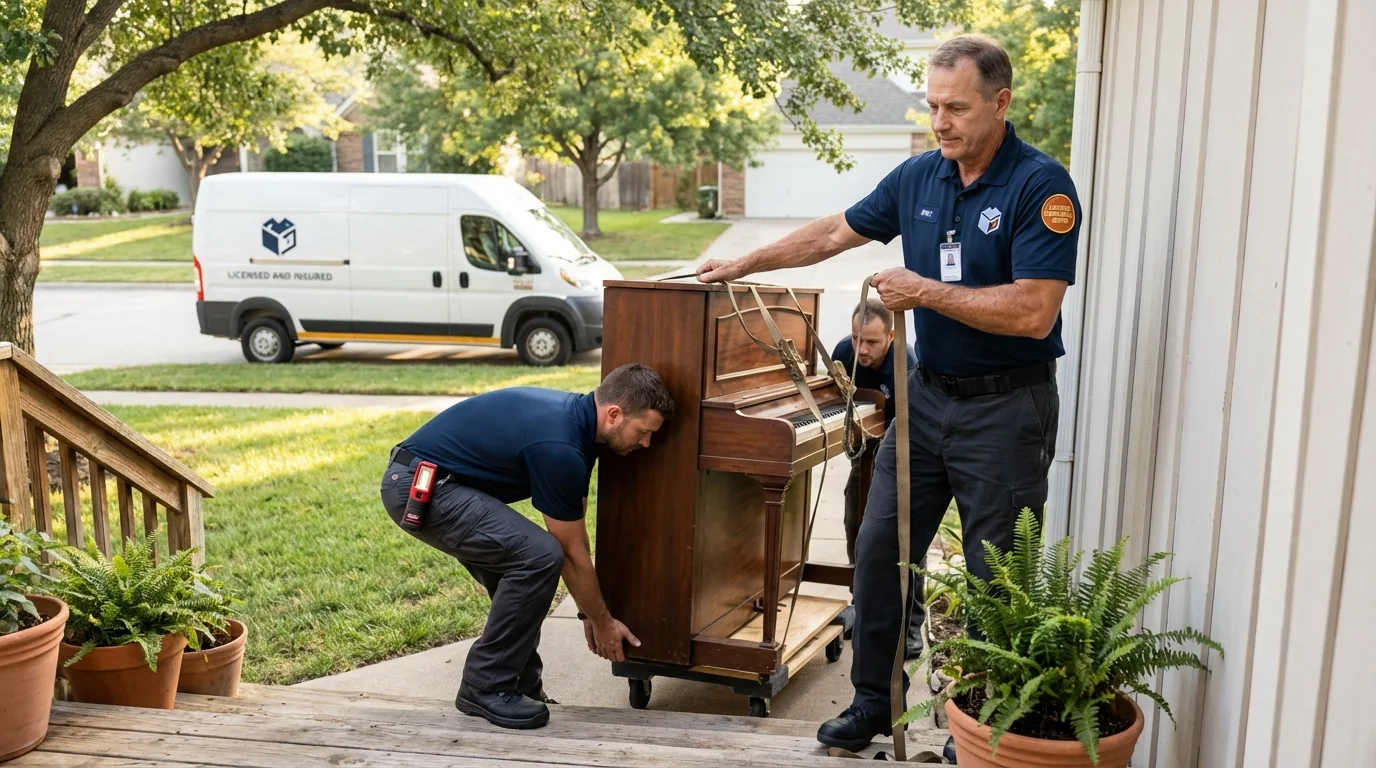 Licensed piano movers securing grand piano in Alvin, TX