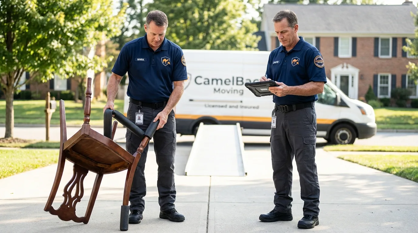 Movers inspecting furniture for damage prevention before loading in Alvin, TX